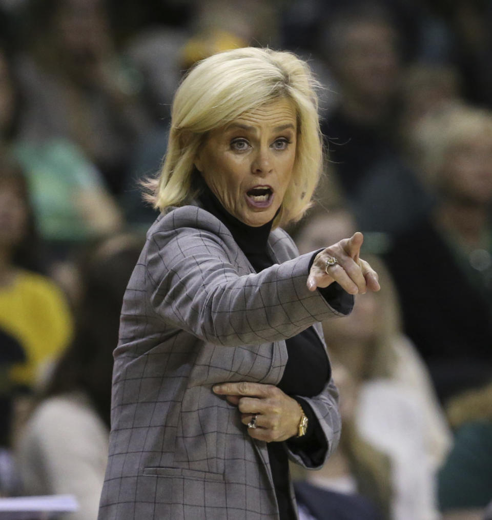 Baylor head coach Kim Mulkey calls in an offensive play against Oklahoma State in the second half of an NCAA college basketball game, Sunday, Jan. 12, 2020, in Waco, Texas. (Rod Aydelotte/Waco Tribune Herald via AP)