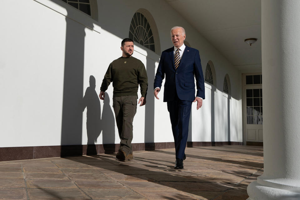 President Joe Biden walks with Ukrainian President Volodymyr Zelenskyy  (Brendan Smialowski / AFP via Getty Images file)