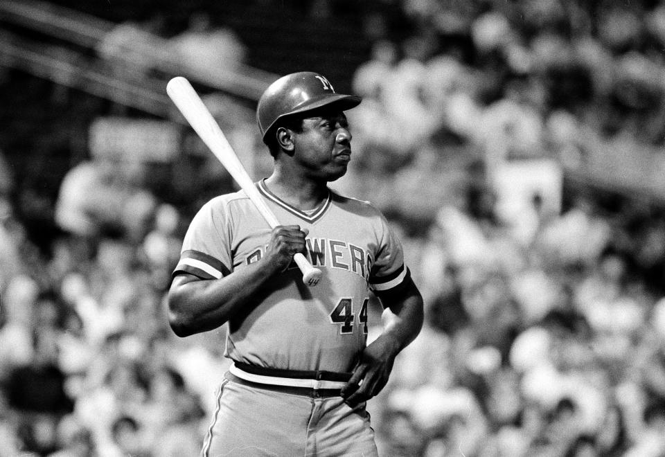 1976: Milwaukee Brewers' Hank Aaron is shown during a  game in Texas at Arlington Stadium, Aug. 25, 1976. This is the away uniform.