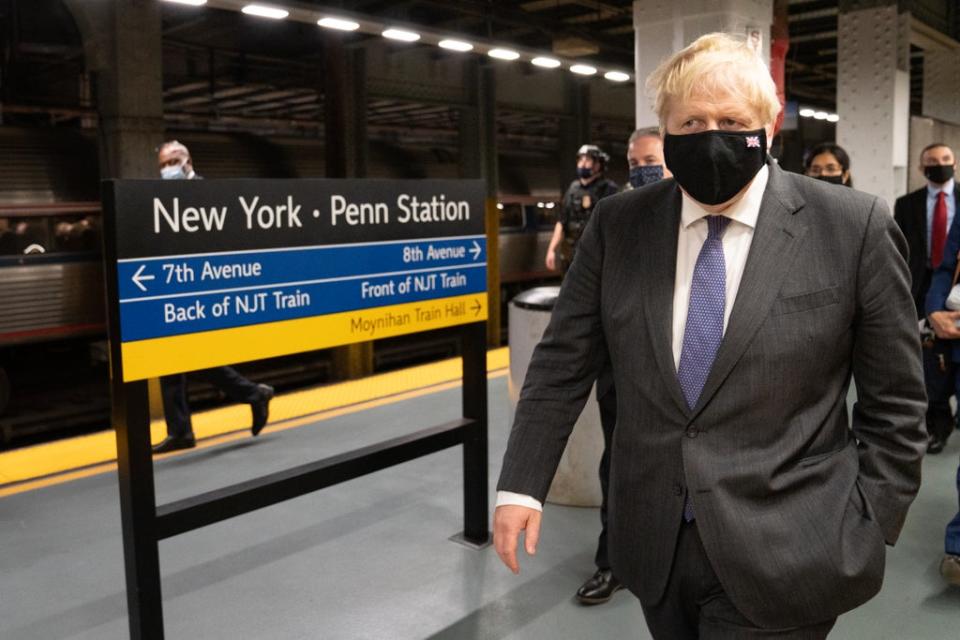 Prime Minister Boris Johnson prepares to board a train from Penn Station in New York to Washington DC (Stefan Rousseau/PA) (PA Wire)