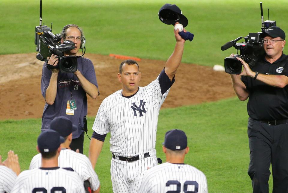 Alex Rodriguez waves to fans after playing his final game as 
a Yankee in 2016.