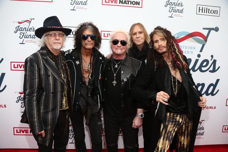 Aerosmith's Brad Whitford, left, Joe Perry, Joey Kramer, Tom Hamilton and Steven Tyler attend Tyler's Second Annual Grammy Awards Viewing Party on Feb. 10, 2019, in Los Angeles.