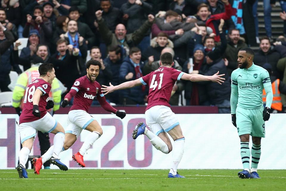 Winner: Rice celebrates his first West Ham goal (PA)