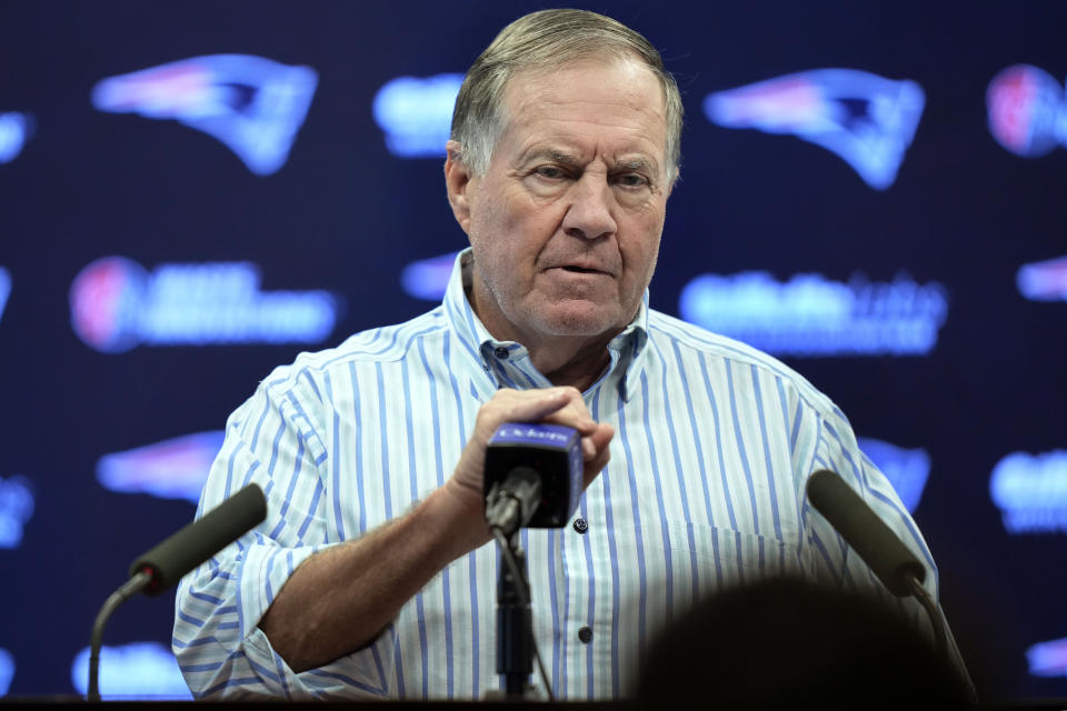 New England Patriots head coach Bill Belichick faces reporters before a scheduled NFL football practice, Wednesday, Sept. 27, 2023, in Foxborough, Mass. (AP Photo/Steven Senne)