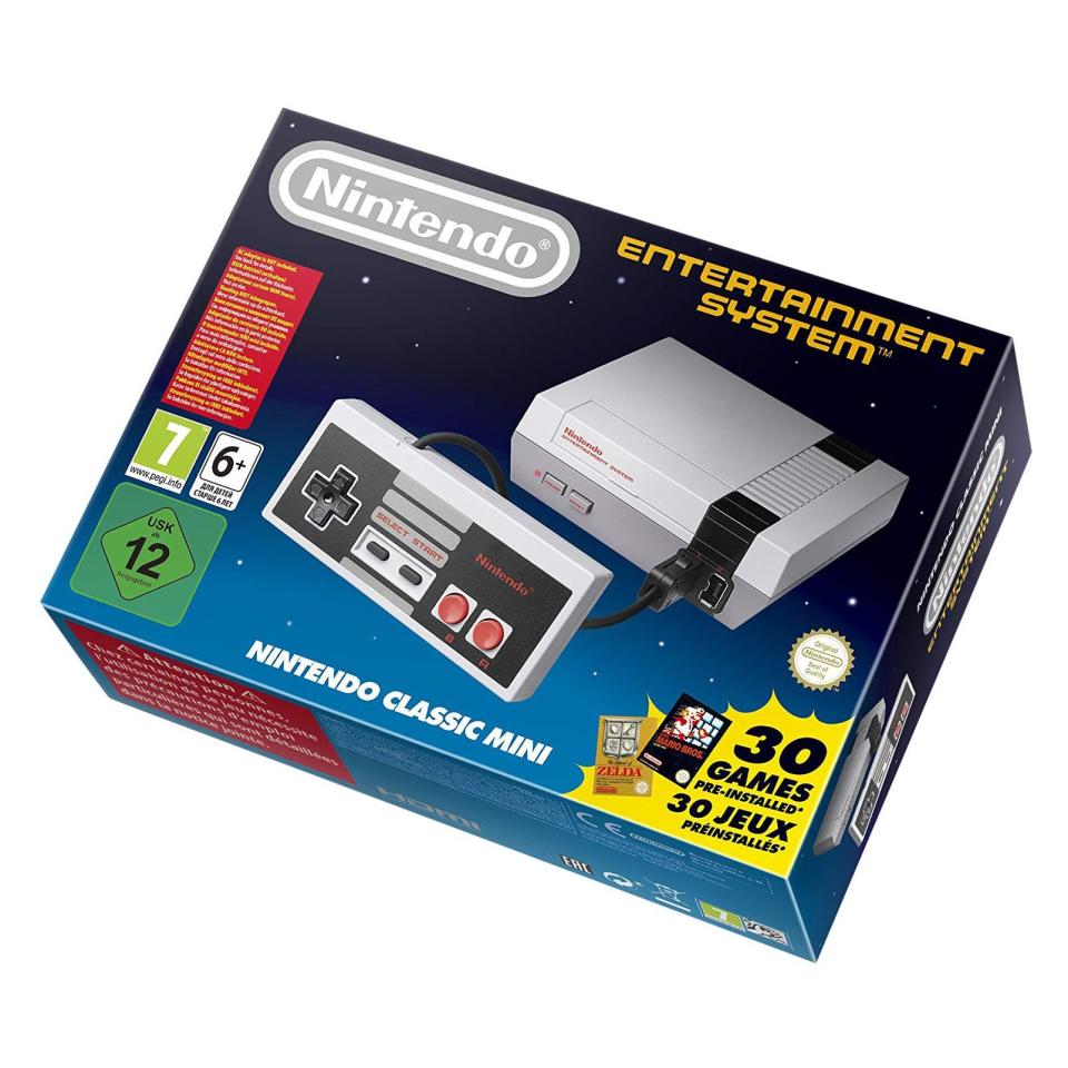 <p><strong>Nintendo</strong></p><p>amazon.com</p><p><strong>$99.99</strong></p><p><a href="https://www.amazon.com/dp/B01IFJEWTM?tag=syn-yahoo-20&ascsubtag=%5Bartid%7C10054.g.30269821%5Bsrc%7Cyahoo-us" rel="nofollow noopener" target="_blank" data-ylk="slk:SHOP NOW;elm:context_link;itc:0;sec:content-canvas" class="link ">SHOP NOW</a></p><p>We love a good throwback, and this no-frills Nintendo Classic Mini will take you all the way back to the '80s. It comes with 30 pre-installed games, including classics like <em>The Legend of Zelda</em> and <em>Super Mario Bros</em>. </p>