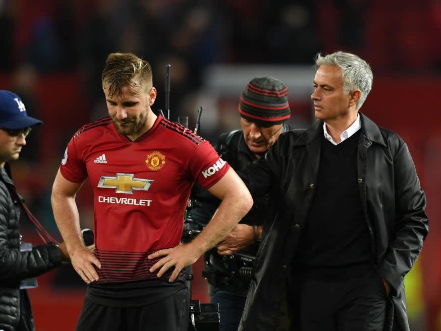 <p>Luke Shaw is consoled my Jose Mourinho in 2018</p> (Getty Images)
