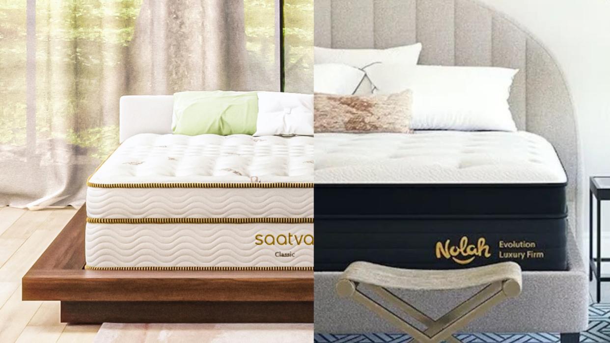  In this Saatva Classic vs Nolah Evolution 15 image, the Saatva Classic mattress is seen on the left and the Nolah Evolution 15 mattress is seen on the right. 