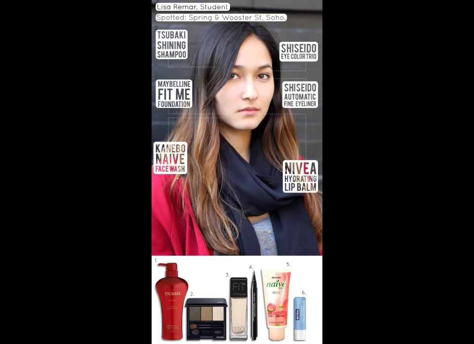 Shiseido Tsubaki Shining Shampoo, $17, <a href="http://www.amazon.com/Shiseido-Tsubaki-Shining-Shampoo-Oil/dp/B000FP3MA0/ref=sr_1_3?ie=UTF8&qid=1321474797&sr=8-3" target="_hplink">amazon.com</a>, Shiseido Luminizing Stain Eye Color Trio, $33, <a href="http://shop.nordstrom.com/S/shiseido-luminizing-satin-eye-color-trio/3120436?origin=related-3120436-0-0-1-1" target="_hplink">nordstrom.com, </a>, Maybelline FIT Me Foundation, $8, <a href="http://www.ulta.com/ulta/browse/productDetail.jsp?productId=xlsImpprod2980151" target="_hplink">ulta.com</a>, Shiseido Automatic Fine Eyeliner, $29, <a href="http://shop.nordstrom.com/s/shiseido-automatic-fine-eyeliner/3120434?cm_cat=datafeed&cm_ite=shiseido_automatic_fine_eyeliner:316791&cm_pla=makeup:women:eye&cm_ven=pricegrabber&mr:referralID=96211a56-1090-11e1-9aae-001b2166c62d" target="_hplink">nordstrom.com</a>, Kanebo Naive Face Wash, <a href="http://www.amazon.com/s/ref=nb_sb_noss?url=search-alias%3Dbeauty&field-keywords=kanebo+naive&x=0&y=0" target="_hplink">amazon.com</a>, Nivea Hydrating Lip Care SPF4 Lip Balm, $5, <a href="http://www.amazon.com/Nivea-Kiss-Smoothness-Care-Hydrating/dp/B0037MR5X8" target="_hplink">amazon.com</a>