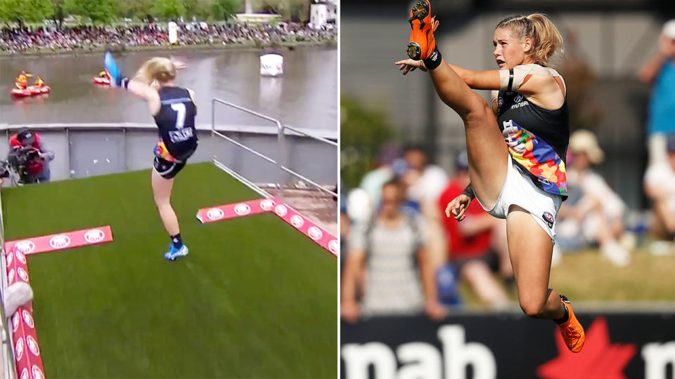 Tayla Harris, pictured here in action during the Longest Kick comp.