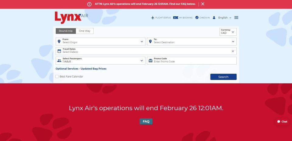 A screenshot of the Lynx Air website landing page on Thursday evening. 