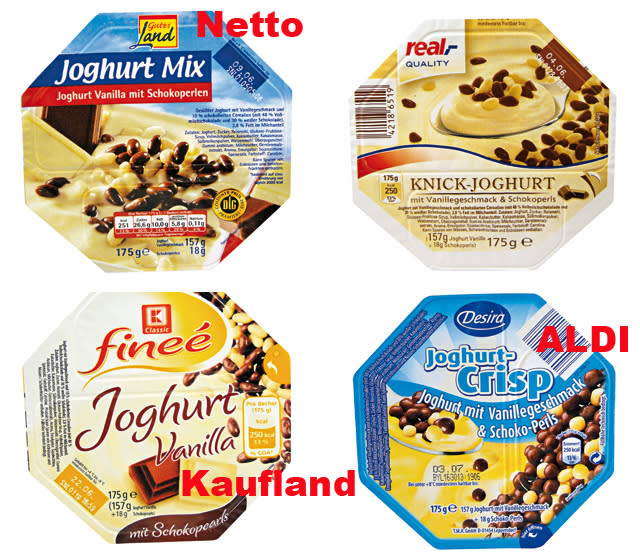 <b>No-Name Joghurt</b><br><br> Der Zweikammerbecher ist sehr erfolgreich, deshalb haben die Handelsketten dementsprechende No-Name-Milcherzeugnisse in den Regalen. „Aldi Süd, real, Kaufland und Netto gehen dabei auf Nummer sicher und lassen sich vom Erfinder des ,Zweikammerbechers‘ selbst beliefern – also von Müllermilch“, heißt es im Buch von Martina Schneider. Bei real sparen Sie 39 Prozent, bei Aldi, Netto und Kaufland sogar 49 Prozent. (Bilder: Frank Flamme)