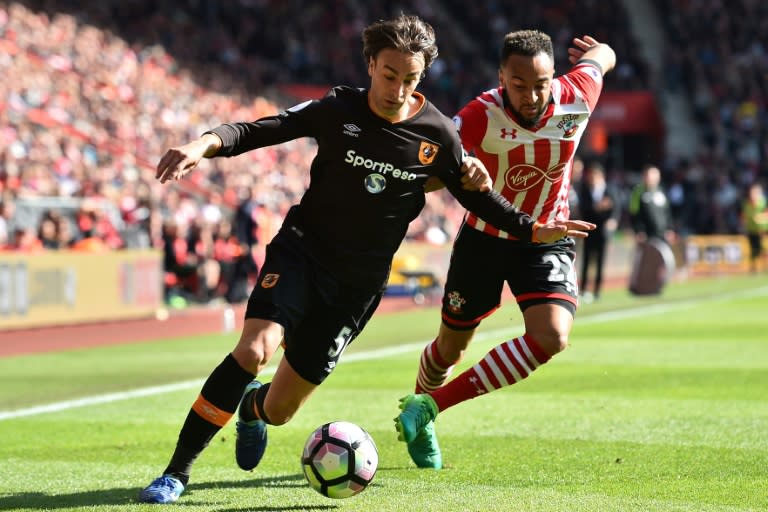 Hull City's Lazar Marković (L) vies with Southampton's Nathan Redmond during their match at St Mary's Stadium in Southampton, southern England on April 29, 2017