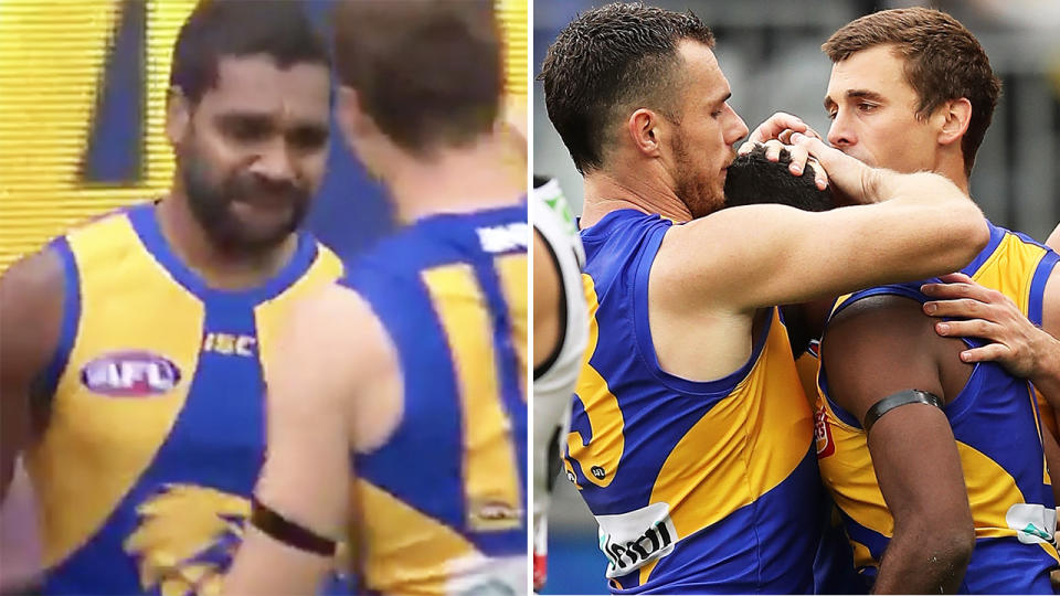 A 50-50 split image shows separate images of West Coast's Liam Ryan being embraced by teammates after paying tribute to his late godson Leslie.