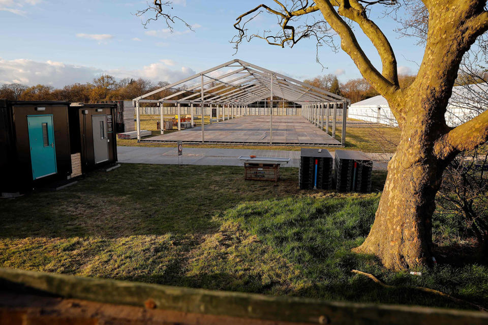 Image: The site of a temporary mortuary, is pictured during construction in Manor Park, east London on April 2, 2020, as part of Britain's government's plans to deal with the COVID-19 pandemic. (Tolga Akmen / AFP - Getty Images)