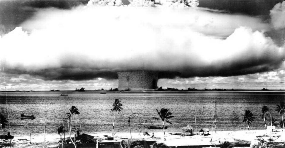 This photo captures the explosion of the second U.S. atomic bomb test detonated in the central Pacific Ocean at Bikini Atoll, Marshall Islands, on July 25, 1946. The world’s first underwater atomic explosion created an enormous column of radioactive water that sank nine ships.