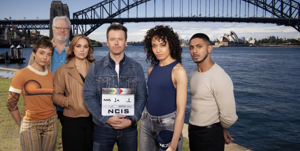 ncis sydney cast, from left mavournee hazel, william mcinnes, tuuli narkle, todd lasance, olivia swann and sean sagar