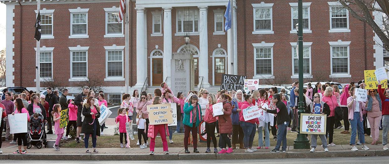 Braintree educators and parents protest proposed budget cuts and lay offs outside Braintree Town Hall before a School Committee meeting on Monday April 8, 2024