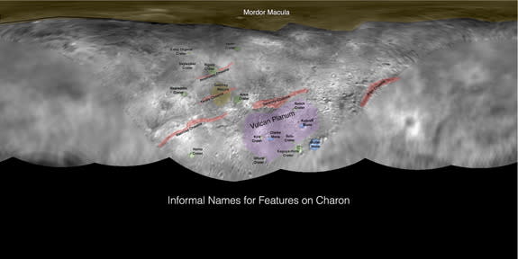 Image showing the provisional names being used by the New Horizons team for features on Pluto’s largest moon, Charon. These monikers have not yet been approved by the International Astronomical Union (IAU).