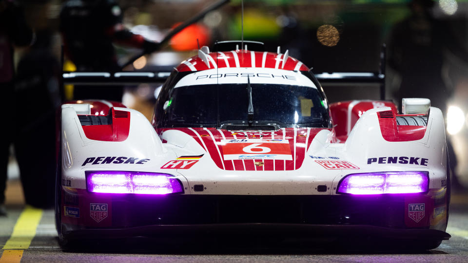 The No. 6 Porsche Penske Motorsport, Porsche 963 of Kevin Estre, Andre Lotterer, and Laurens Vanthoor in the pits during Le Mans Practice and Qualifying at the Circuit de la Sarthe on June 13, 2024 in Le Mans, France.