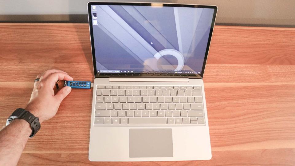 An unlocked Kingston IronKey Keypad 200 plugged into a laptop