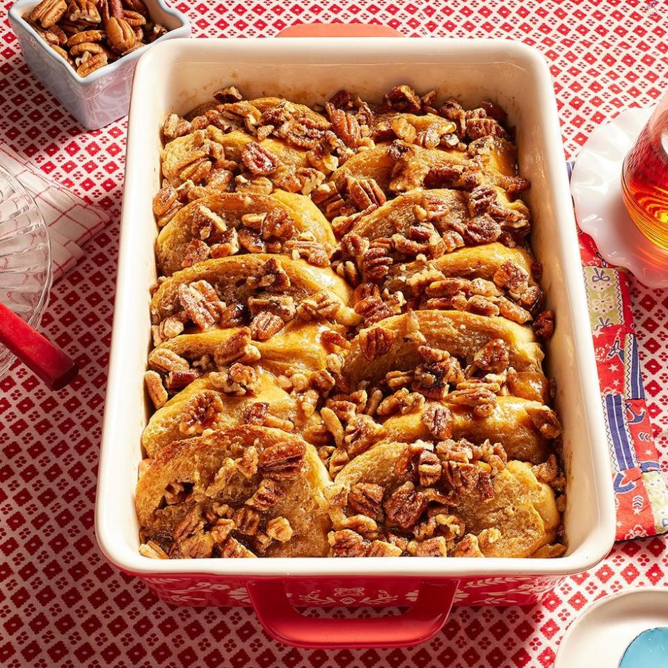 easter brunch ideas pecan pie french toast casserole in red dish