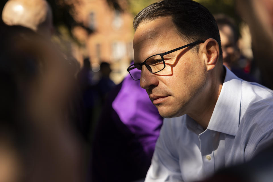 FILE - Pennsylvania candidate for governor, state Attorney General Josh Shapiro, meets with attendees at an SEIU union event in Philadelphia, Saturday, Oct. 15, 2022. In one of the most closely watched races in one of the most contested battleground states, both candidates for governor in Pennsylvania bring religion into their campaigns. (AP Photo/Ryan Collerd, File)