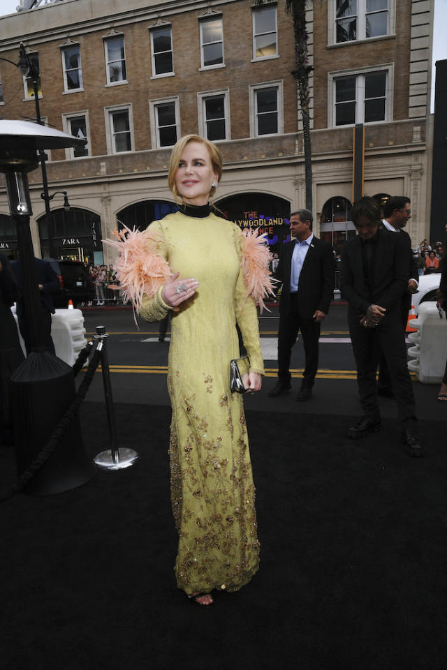 Nicole Kidman Radiates in Yellow Prada Feathered Dress & Sandals for 'The  Northman' LA Premiere