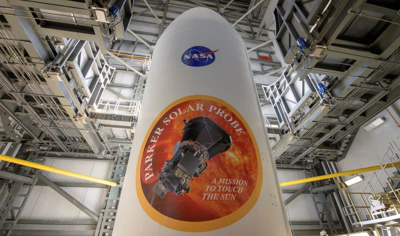 The United Launch Alliance Delta IV Heavy rocket payload fairing is seen with the NASA and Parker Solar Probe emblems at Launch Complex 37 Cape Canaveral Air Force Station