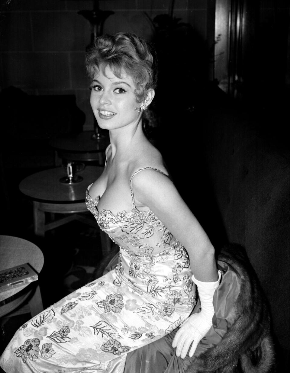 French actress Brigitte Bardot at the Cafe Royal, London where she attended BBC Television's "Saturday Night Out" broadcast with other stars who are to take part in the Royal Command Film Performance before the Queen.