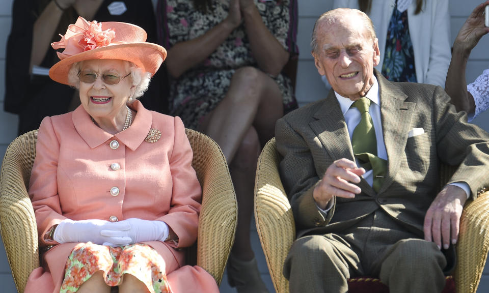 EGHAM, ENGLAND - JUNE 24: Queen Elizabeth II and Prince Philip, Duke of Edinburgh attend The OUT-SOURCING Inc Royal Windsor Cup 2018 polo match at Guards Polo Club on June 24, 2018 in Egham, England. (Photo by Antony Jones/Getty Images)