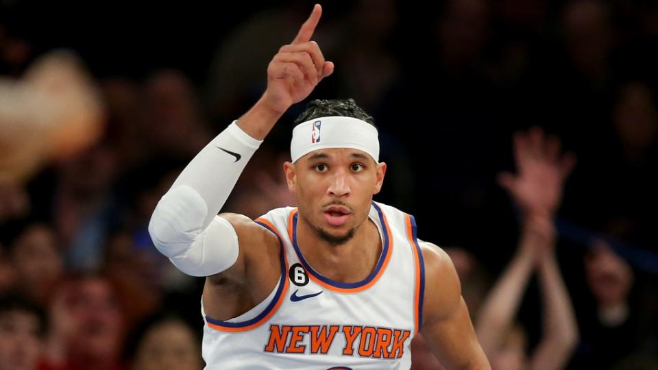 Feb 13, 2023; New York, New York, USA; New York Knicks guard Josh Hart (3) reacts during the first quarter against the Brooklyn Nets at Madison Square Garden. Mandatory Credit: Brad Penner-USA TODAY Sports