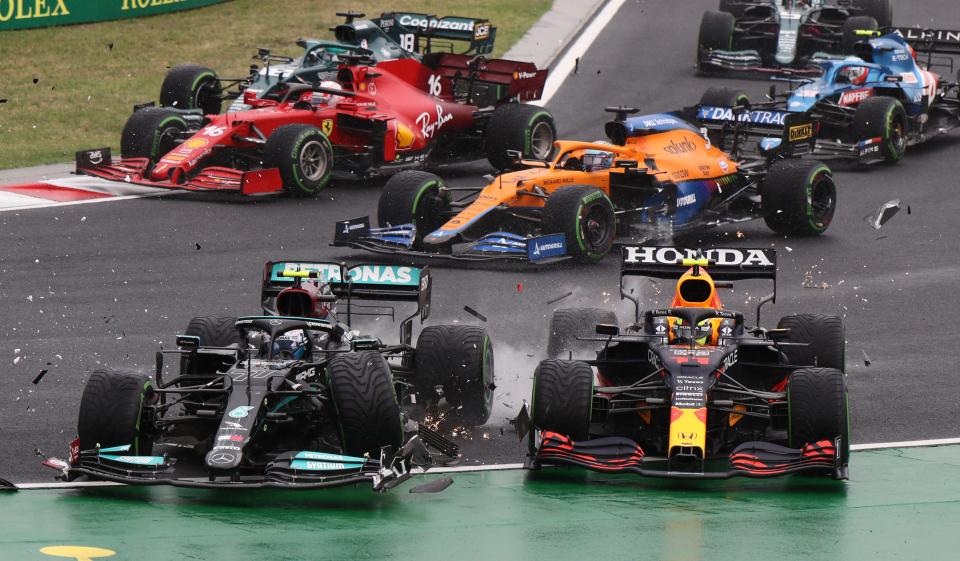 A chaotic first corner left the race wide open. (Pool via REUTERS)