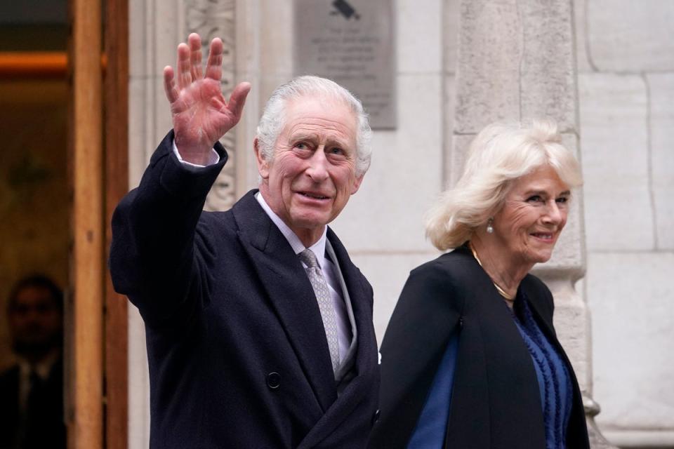 King Charles and Queen Camilla leave hospital in London last month after the monarch receive treatment for an enlarged prostate (AP)