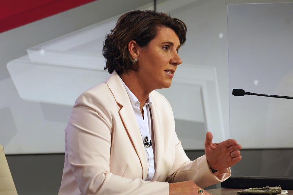 Dmocratic candidate for US Senate Amy McGrath debates with Senate Majority Leader Mitch McConnell, R-Ky., in Lexington, Ky., Monday, Oct. 12, 2020. (Michael Clubb/The Kentucky Kernel via AP, Pool)