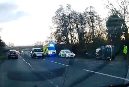 A view of the scene of car crash involving Prince Philip on A149 in Sandringham, Norfolk, Britain January 17, 2019 in this image obtained from a social media video on January 18, 2019. DYLAN BAILEY/via REUTERS