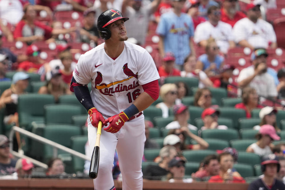 St. Louis Cardinals' Nolan Gorman watches his solo home run during the fifth inning of a baseball game against the Washington Nationals Sunday, July 16, 2023, in St. Louis. (AP Photo/Jeff Roberson)