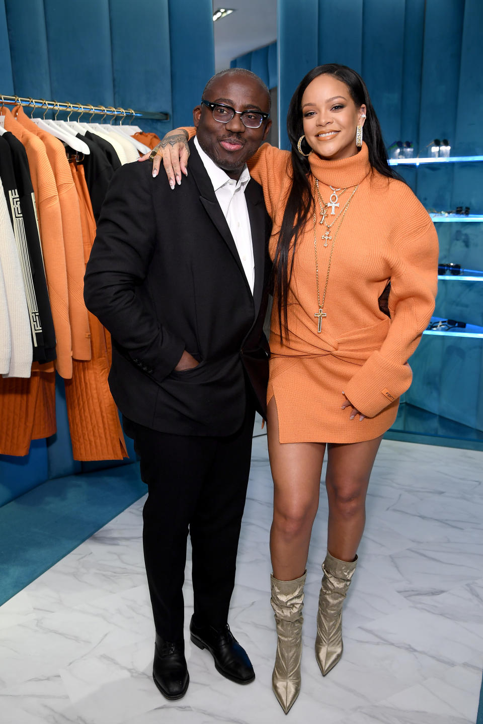 NEW YORK, NEW YORK - FEBRUARY 07: Edward Enninful and Rihanna attend as Robyn Rihanna Fenty and Linda Fargo celebrate the launch of FENTY at Bergdorf Goodman at Bergdorf Goodman on February 07, 2020 in New York City. (Photo by Dimitrios Kambouris/Getty Images for Bergdorf Goodman)