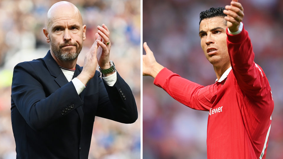 Manchester United's manager Erik ten Hag (pictured left) applauds fans and (pictured right) Cristiano Ronaldo throwing his hands up.