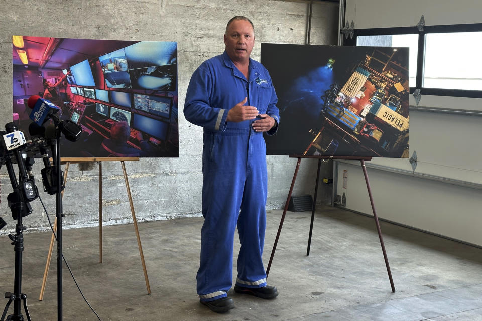 Edward Cassano speaks during a news conference on the Titan submersible are displayed on Friday, June 30, 2023 in Aurora N.Y. The submersible imploded last week, killing all five people on board. (AP Photo/Carolyn Thompson)