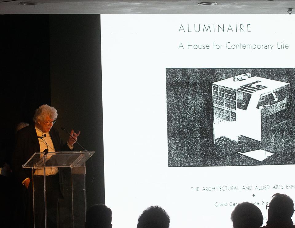 Architects Michael Schwarting and Frances Campani discuss saving the 1931 Aluminaire House during a Modernism Week presentation at the Hyatt in Palm Springs, Calif., on Feb. 21, 2024.