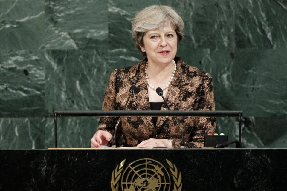 Prime Minister Theresa May gives a speech at the UN in New York (EPA)