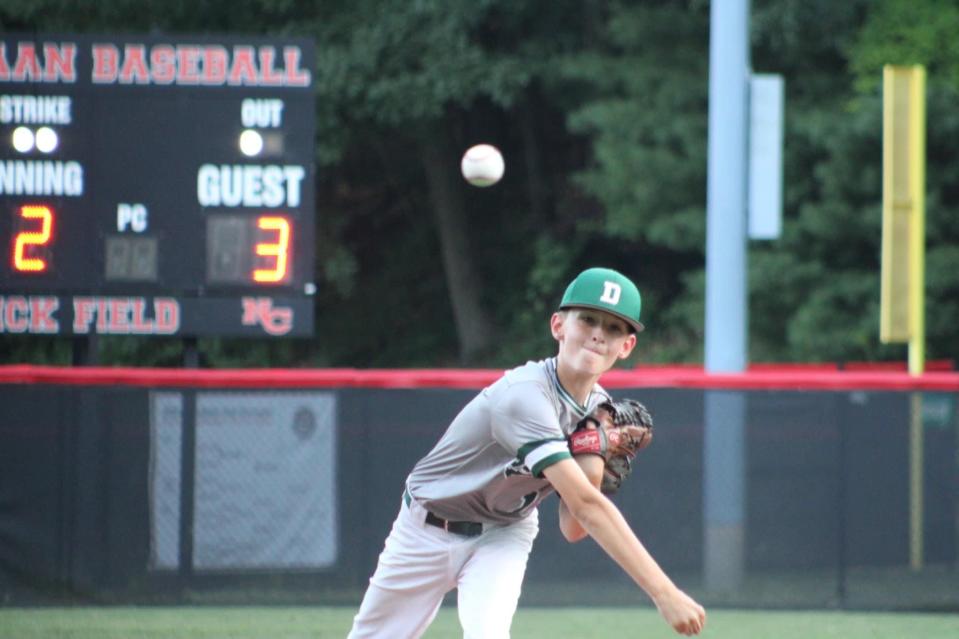 Dover 11U's Brady Flynn on the mound during a 14-8 win over host New Canaan, Connecticut, Thursday, July 21, 2022, in the Cal Ripken New England regional tournament semifinals.