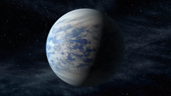 The artist's concept depicts Kepler-69c, a planet 1.7 times the size of Earth that orbits in the habitable zone of a star like our sun, located about 2,700 light-years from Earth in the constellation Cygnus.