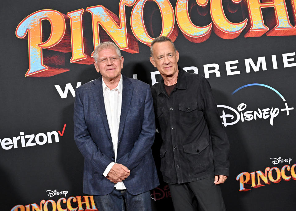 BURBANK, CALIFORNIA - SEPTEMBER 07: Robert Zemeckis and Tom Hanks attend the World Premiere of Disney's 