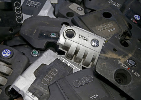FILE PHOTO: Covers for TDI diesel Volkswagen, Audi, SEAT and Skoda engines are seen in Jelah, Bosnia and Herzegovina, in this September 29, 2015 picture illustration. REUTERS/Dado Ruvic/File Photo