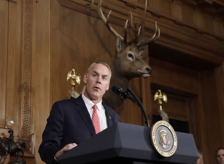 U.S. Interior Secretary Zinke speaks prior to President Trump signing executive order reviewing previous National Monument designations made under the Antiquities Act, at the Interior Department in Washington