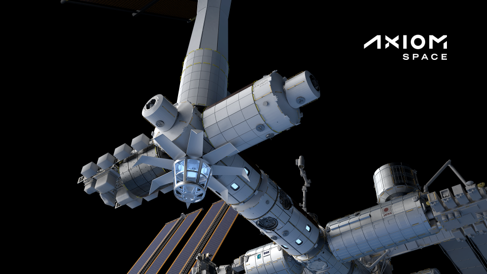 An artist rendering depicts the exterior of the free-flying Axiom Station with decals depicting international partnerships. The Axiom Station will first begin as a single module attached to Node 2 of the ISS before detaching to become an independent space station in 2028.