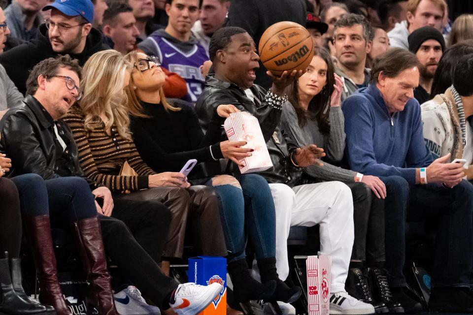 Dec 11, 2022; New York, New York, USA; Actor Tracy Morgan catches the ball during a game between the New York Knicks and the Sacramento Kings at Madison Square Garden. Mandatory Credit: John Jones-USA TODAY Sports
