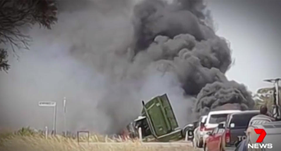 A fireball erupted on the Augusta Highway after a car and truck collided on Thursday morning. Source: 7News