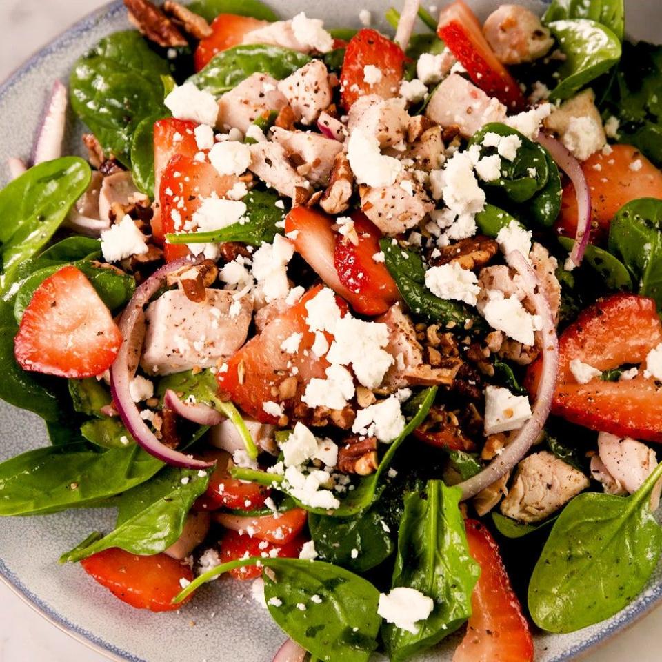 <p>Even so-called <a href="https://www.delish.com/uk/cooking/a29469948/how-to-cook-spinach/" rel="nofollow noopener" target="_blank" data-ylk="slk:spinach;elm:context_link;itc:0;sec:content-canvas" class="link ">spinach</a> haters will love this recipe. The combination of sweet <a href="https://www.delish.com/uk/cooking/recipes/g32485381/strawberry-recipes/" rel="nofollow noopener" target="_blank" data-ylk="slk:strawberries;elm:context_link;itc:0;sec:content-canvas" class="link ">strawberries</a>, herb chicken, creamy goat cheese, and spicy red onions make you forget the fact that you're eating <a href="https://www.delish.com/uk/cooking/recipes/a31952820/prawn-salad/" rel="nofollow noopener" target="_blank" data-ylk="slk:salad;elm:context_link;itc:0;sec:content-canvas" class="link ">salad</a>. It's a miracle! </p><p>Get the <a href="https://www.delish.com/uk/cooking/recipes/a32484972/easy-strawberry-spinach-salad-recipe/" rel="nofollow noopener" target="_blank" data-ylk="slk:Strawberry Spinach Salad;elm:context_link;itc:0;sec:content-canvas" class="link ">Strawberry Spinach Salad</a> recipe.</p>